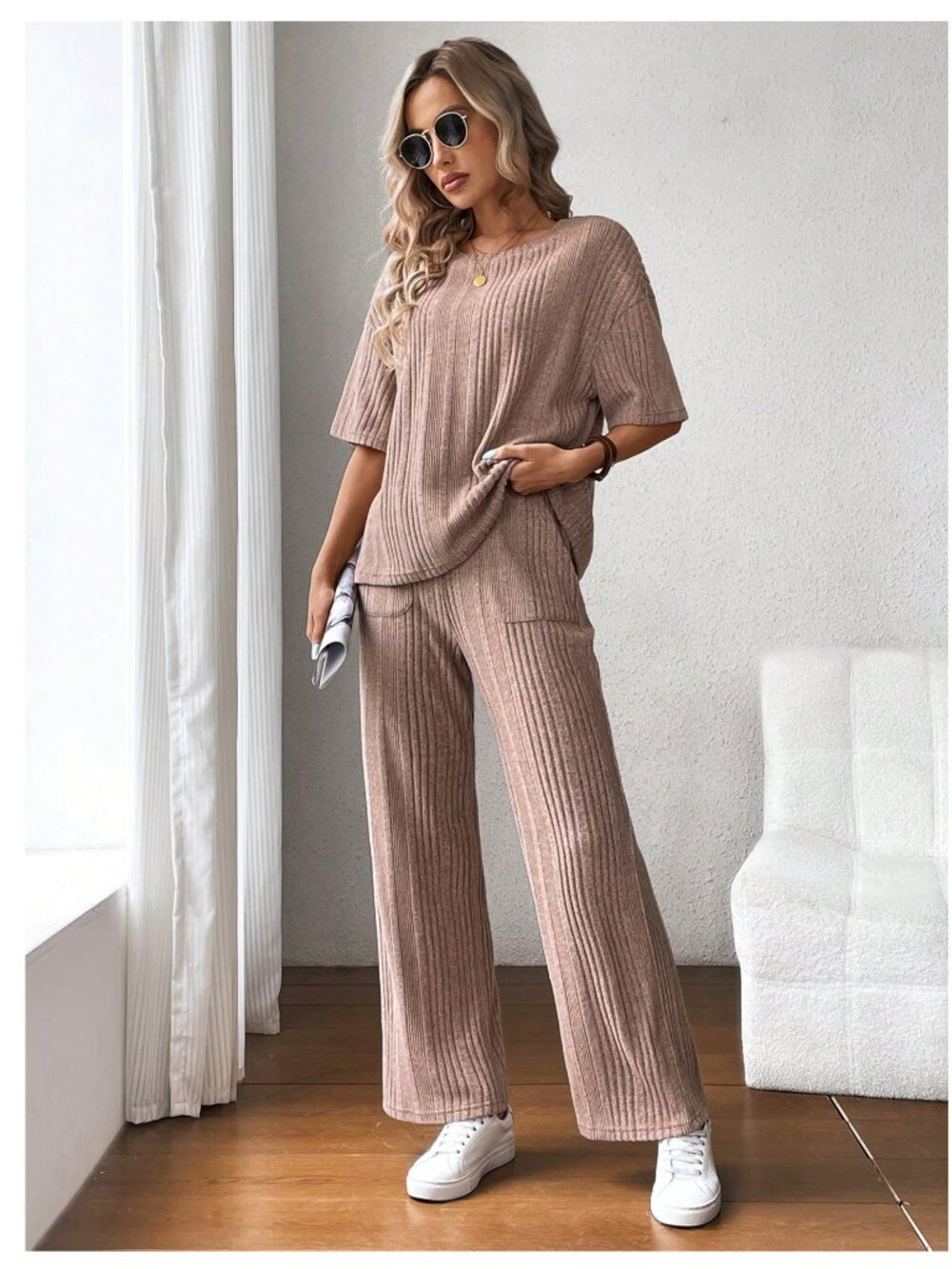 Apricot Ribbed Lounge Set Wide Leg Pants Size Large - Picture 7 of 7